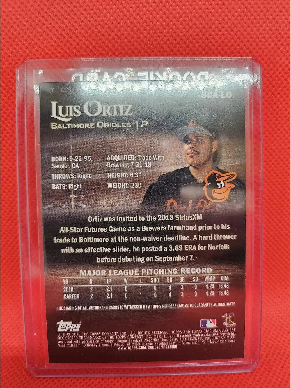 Luis Ortiz 2019 Topps Stadium Club Rookie Autograph #SCA-LO Baltimore Orioles RC